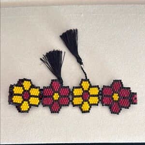 Handcrafted Floral Beaded Bracelet - Red, Yellow, Black